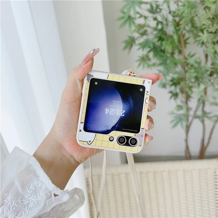 For Samsung Galaxy Z Flip5 5G Case Cartoon Cat PU+PC Phone Cover with Crossbody Strap