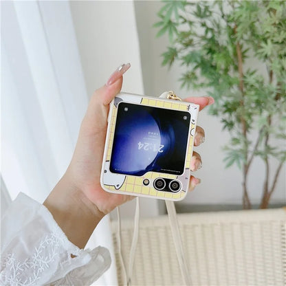 For Samsung Galaxy Z Flip5 5G Case Cartoon Cat PU+PC Phone Cover with Crossbody Strap