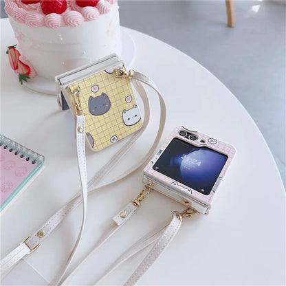 For Samsung Galaxy Z Flip5 5G Case Cartoon Cat PU+PC Phone Cover with Crossbody Strap