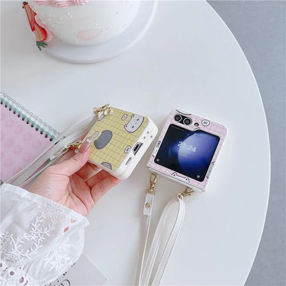 For Samsung Galaxy Z Flip5 5G Case Cartoon Cat PU+PC Phone Cover with Crossbody Strap