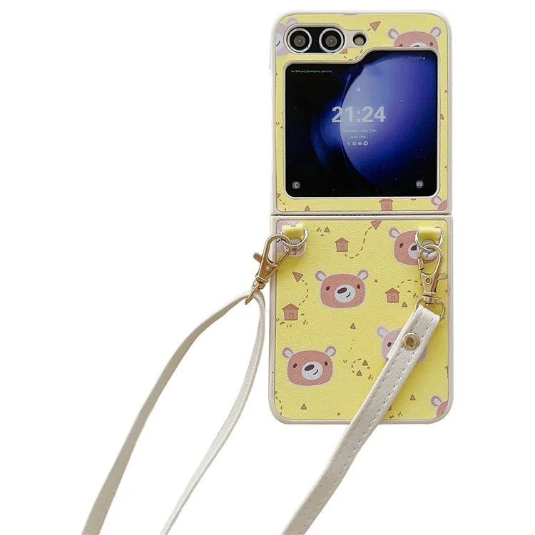 For Samsung Galaxy Z Flip5 5G Folding Phone Case Cartoon Pattern Leather+PC Cover with Long Strap