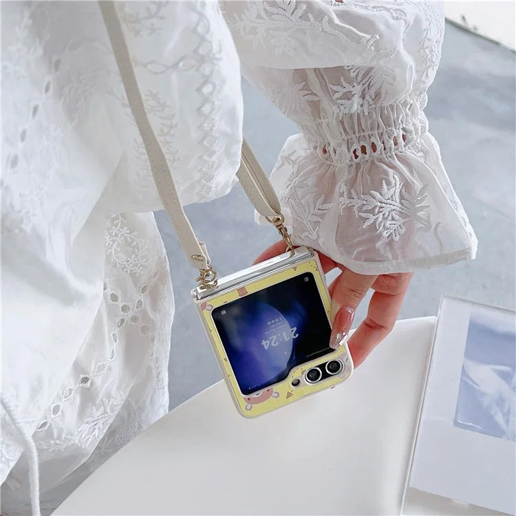 For Samsung Galaxy Z Flip5 5G Folding Phone Case Cartoon Pattern Leather+PC Cover with Long Strap