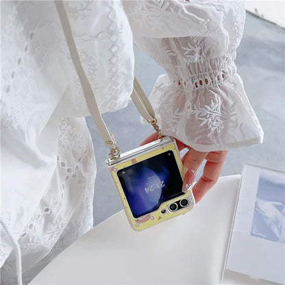 For Samsung Galaxy Z Flip5 5G Folding Phone Case Cartoon Pattern Leather+PC Cover with Long Strap