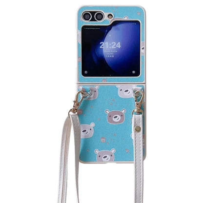 For Samsung Galaxy Z Flip5 5G Folding Phone Case Cartoon Pattern Leather+PC Cover with Long Strap