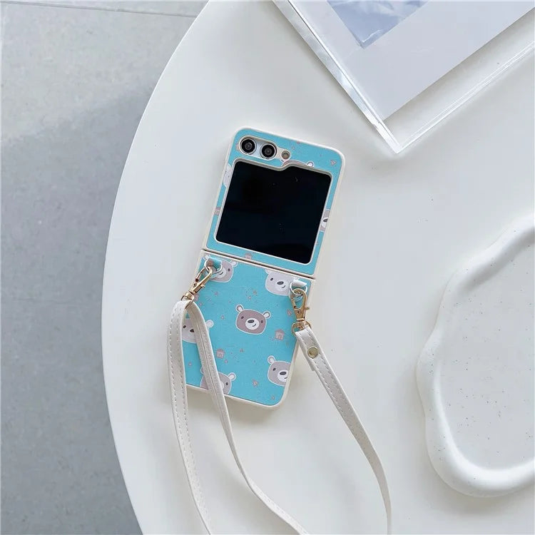 For Samsung Galaxy Z Flip5 5G Folding Phone Case Cartoon Pattern Leather+PC Cover with Long Strap