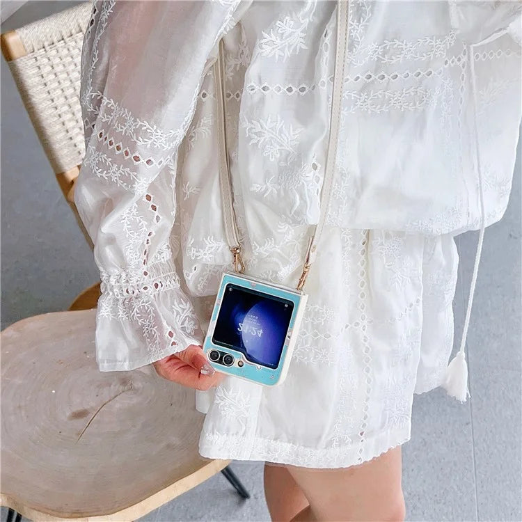 For Samsung Galaxy Z Flip5 5G Folding Phone Case Cartoon Pattern Leather+PC Cover with Long Strap