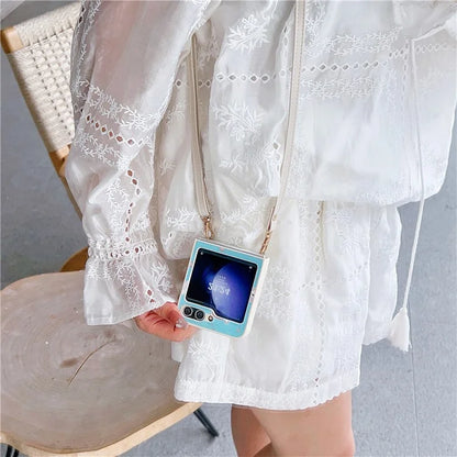 For Samsung Galaxy Z Flip5 5G Folding Phone Case Cartoon Pattern Leather+PC Cover with Long Strap