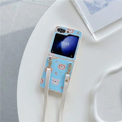 For Samsung Galaxy Z Flip5 5G Folding Phone Case Cartoon Pattern Leather+PC Cover with Long Strap