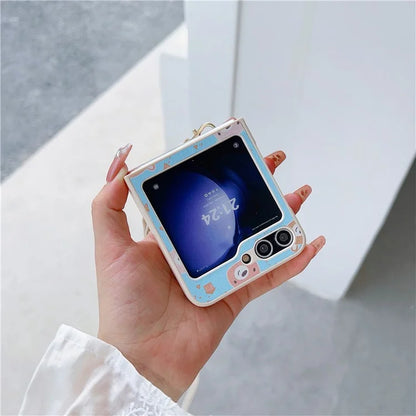 For Samsung Galaxy Z Flip5 5G Folding Phone Case Cartoon Pattern Leather+PC Cover with Long Strap