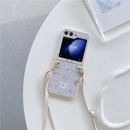 For Samsung Galaxy Z Flip5 5G Folding Phone Case Cartoon Pattern Leather+PC Cover with Long Strap