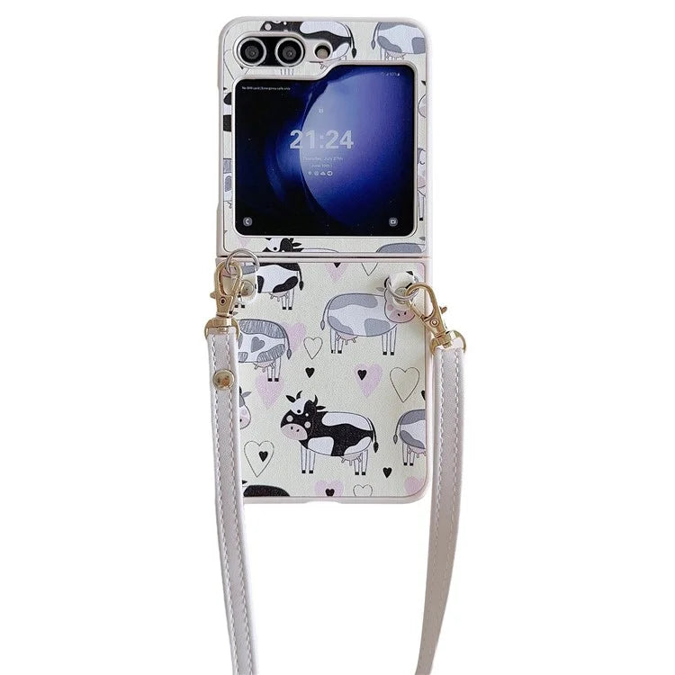 For Samsung Galaxy Z Flip5 5G Folding Phone Case Cartoon Pattern Leather+PC Cover with Long Strap Cow