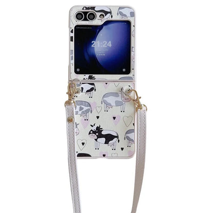 For Samsung Galaxy Z Flip5 5G Folding Phone Case Cartoon Pattern Leather+PC Cover with Long Strap Cow