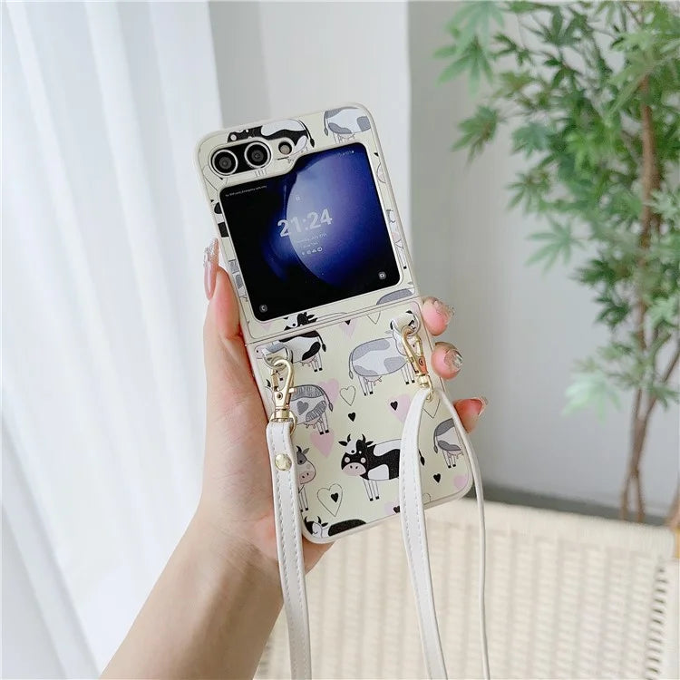 For Samsung Galaxy Z Flip5 5G Folding Phone Case Cartoon Pattern Leather+PC Cover with Long Strap Cow