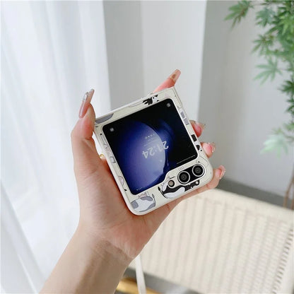 For Samsung Galaxy Z Flip5 5G Folding Phone Case Cartoon Pattern Leather+PC Cover with Long Strap Cow