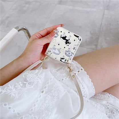 For Samsung Galaxy Z Flip5 5G Folding Phone Case Cartoon Pattern Leather+PC Cover with Long Strap Cow