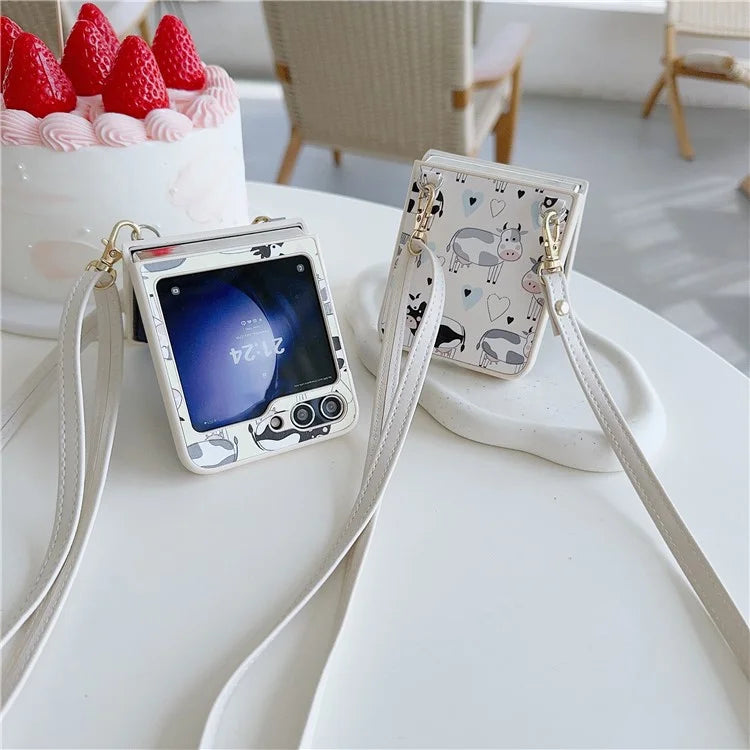 For Samsung Galaxy Z Flip5 5G Folding Phone Case Cartoon Pattern Leather+PC Cover with Long Strap Cow