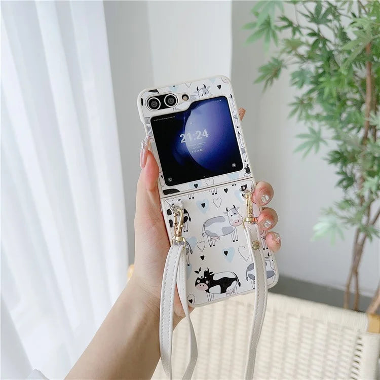 For Samsung Galaxy Z Flip5 5G Folding Phone Case Cartoon Pattern Leather+PC Cover with Long Strap