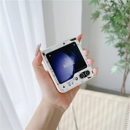 For Samsung Galaxy Z Flip5 5G Folding Phone Case Cartoon Pattern Leather+PC Cover with Long Strap