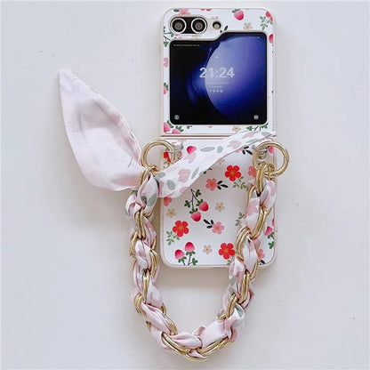 For Samsung Galaxy Z Flip5 5G Flower Pattern PU Leather+PC Cell Phone Cover with Silk Scarf Chain