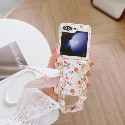 For Samsung Galaxy Z Flip5 5G Flower Pattern PU Leather+PC Cell Phone Cover with Silk Scarf Chain