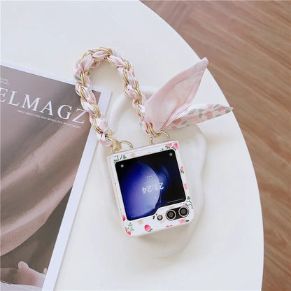 For Samsung Galaxy Z Flip5 5G Flower Pattern PU Leather+PC Cell Phone Cover with Silk Scarf Chain