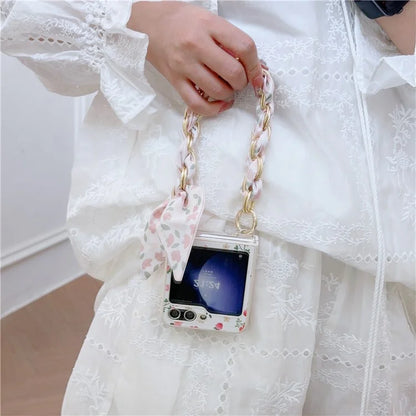 For Samsung Galaxy Z Flip5 5G Flower Pattern PU Leather+PC Cell Phone Cover with Silk Scarf Chain