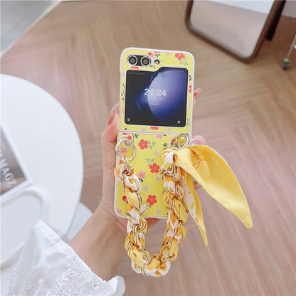 For Samsung Galaxy Z Flip5 5G Flower Pattern PU Leather+PC Cell Phone Cover with Silk Scarf Chain