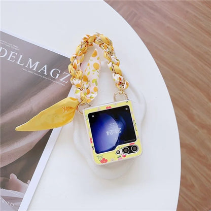 For Samsung Galaxy Z Flip5 5G Flower Pattern PU Leather+PC Cell Phone Cover with Silk Scarf Chain