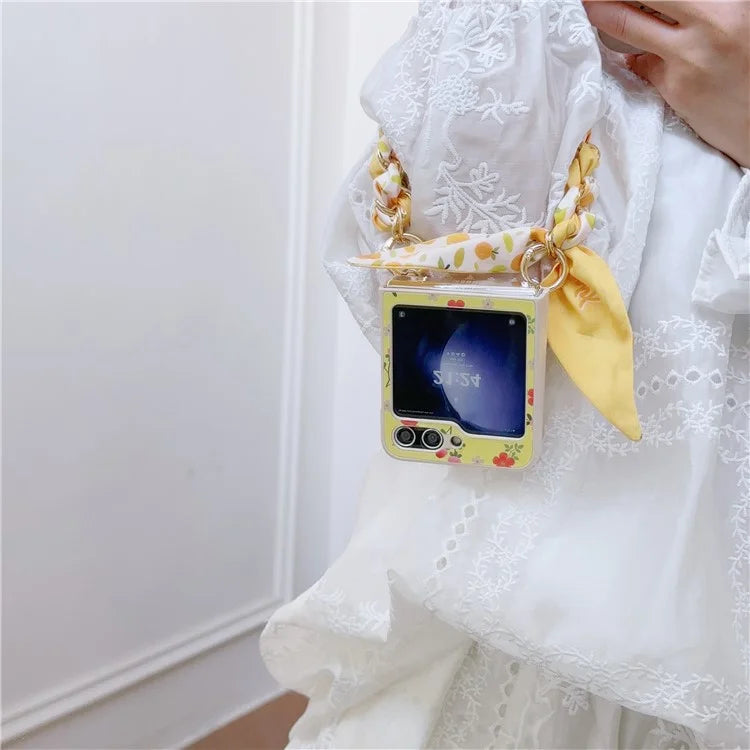 For Samsung Galaxy Z Flip5 5G Flower Pattern PU Leather+PC Cell Phone Cover with Silk Scarf Chain