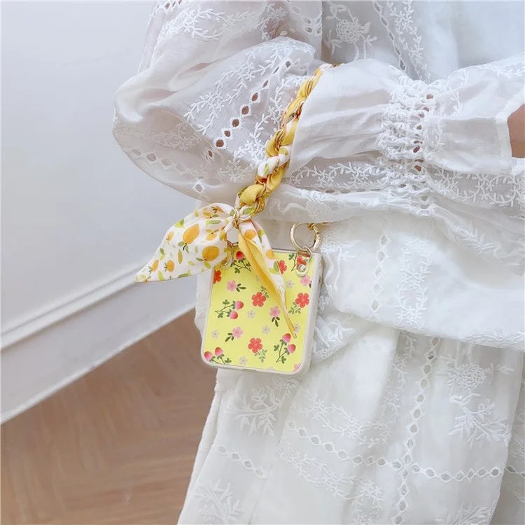 For Samsung Galaxy Z Flip5 5G Flower Pattern PU Leather+PC Cell Phone Cover with Silk Scarf Chain