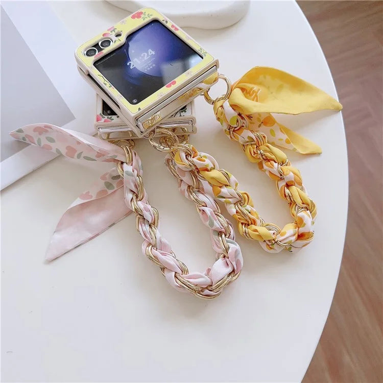 For Samsung Galaxy Z Flip5 5G Flower Pattern PU Leather+PC Cell Phone Cover with Silk Scarf Chain
