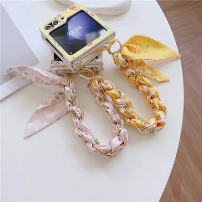 For Samsung Galaxy Z Flip5 5G Flower Pattern PU Leather+PC Cell Phone Cover with Silk Scarf Chain