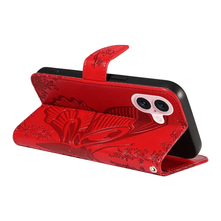 For iPhone 16 Case Butterfly Imprint Leather Folio Flip Cover