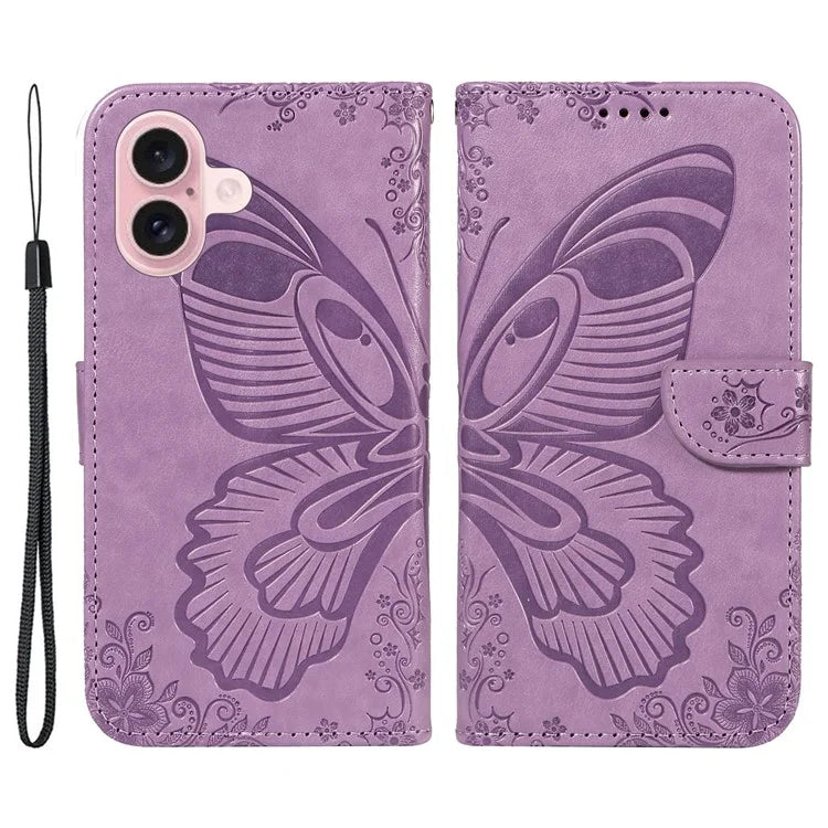 For iPhone 16 Case Butterfly Imprint Leather Folio Flip Cover