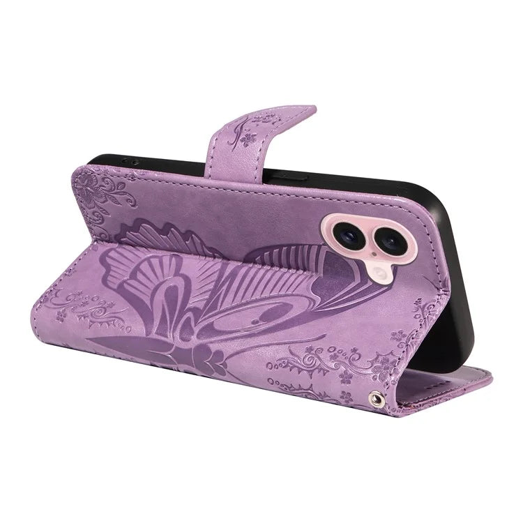For iPhone 16 Case Butterfly Imprint Leather Folio Flip Cover