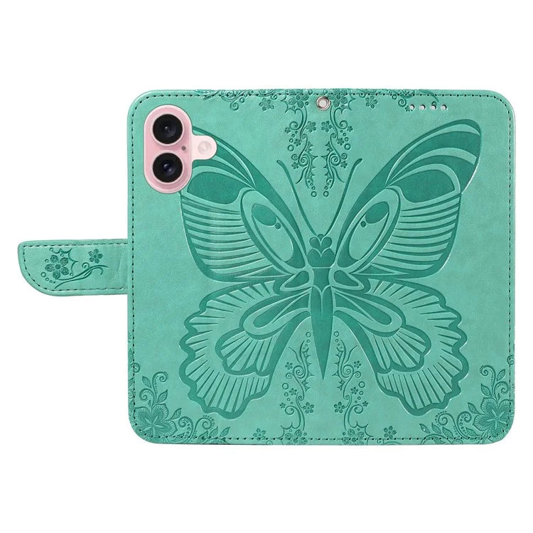 For iPhone 16 Case Butterfly Imprint Leather Folio Flip Cover