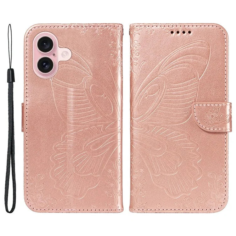 For iPhone 16 Case Butterfly Imprint Leather Folio Flip Cover