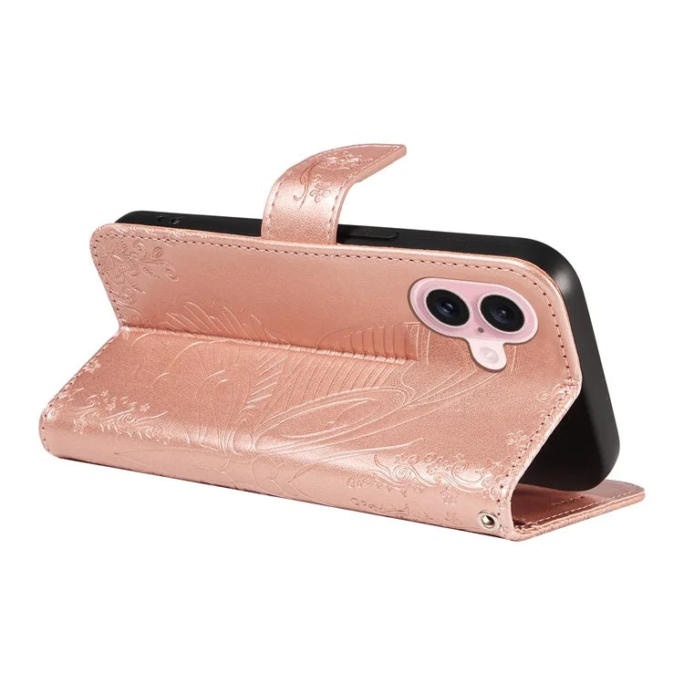 For iPhone 16 Case Butterfly Imprint Leather Folio Flip Cover