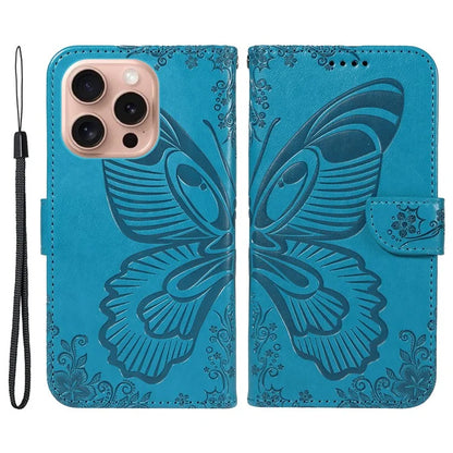 For iPhone 16 Pro Case Butterfly Imprinted Leather Wallet Phone Folio Cover