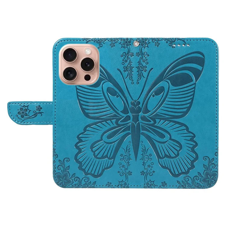 For iPhone 16 Pro Case Butterfly Imprinted Leather Wallet Phone Folio Cover