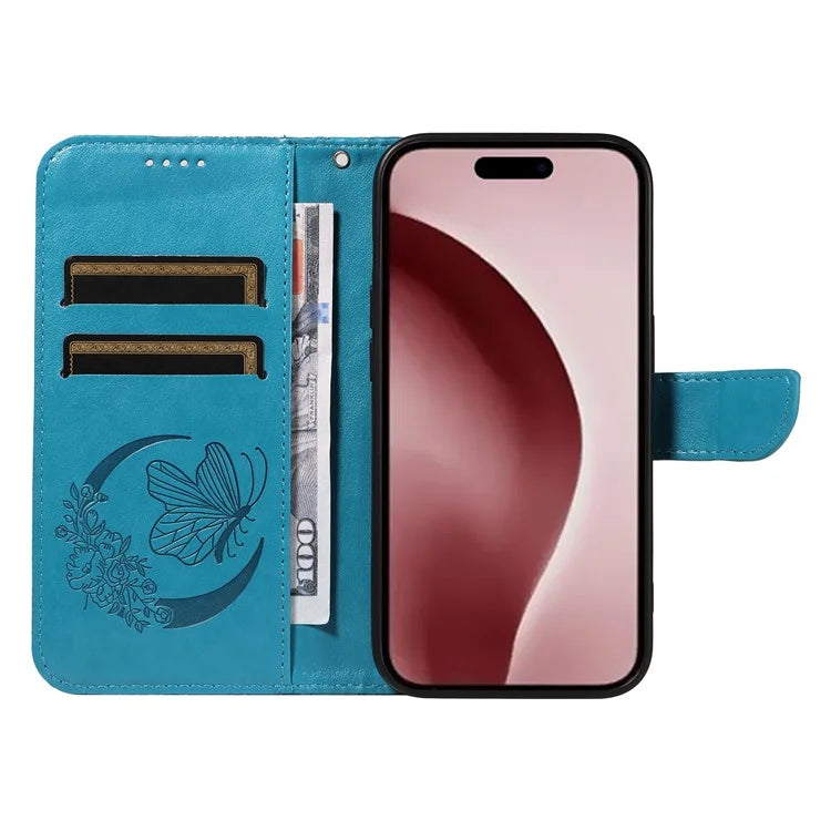 For iPhone 16 Pro Case Butterfly Imprinted Leather Wallet Phone Folio Cover