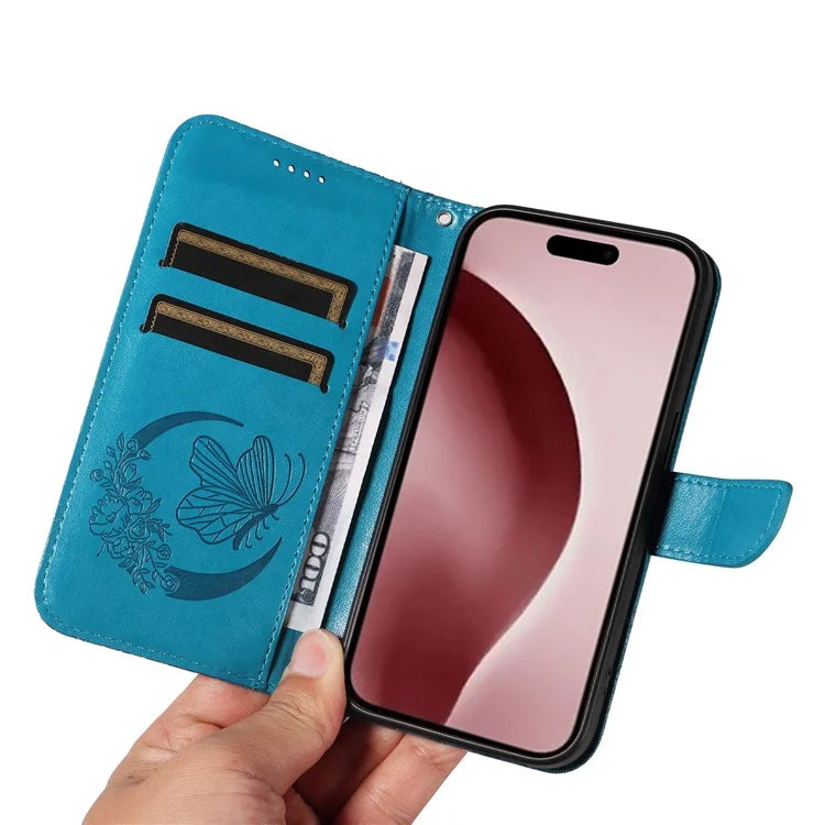 For iPhone 16 Pro Case Butterfly Imprinted Leather Wallet Phone Folio Cover