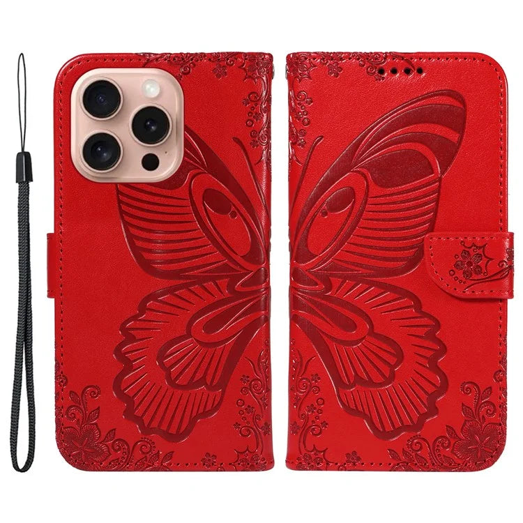 For iPhone 16 Pro Case Butterfly Imprinted Leather Wallet Phone Folio Cover