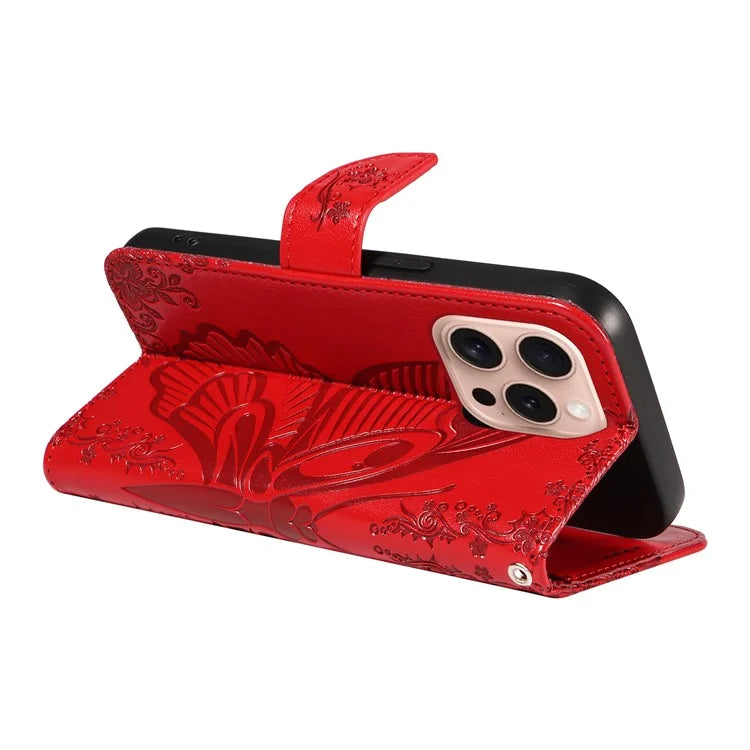 For iPhone 16 Pro Case Butterfly Imprinted Leather Wallet Phone Folio Cover