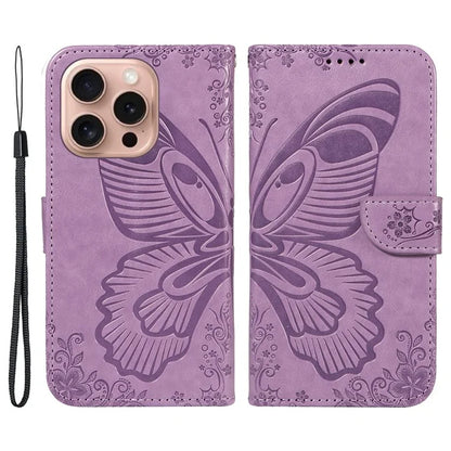 For iPhone 16 Pro Case Butterfly Imprinted Leather Wallet Phone Folio Cover
