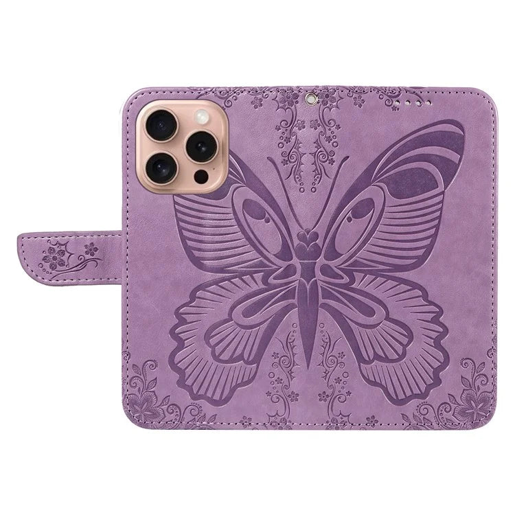 For iPhone 16 Pro Case Butterfly Imprinted Leather Wallet Phone Folio Cover