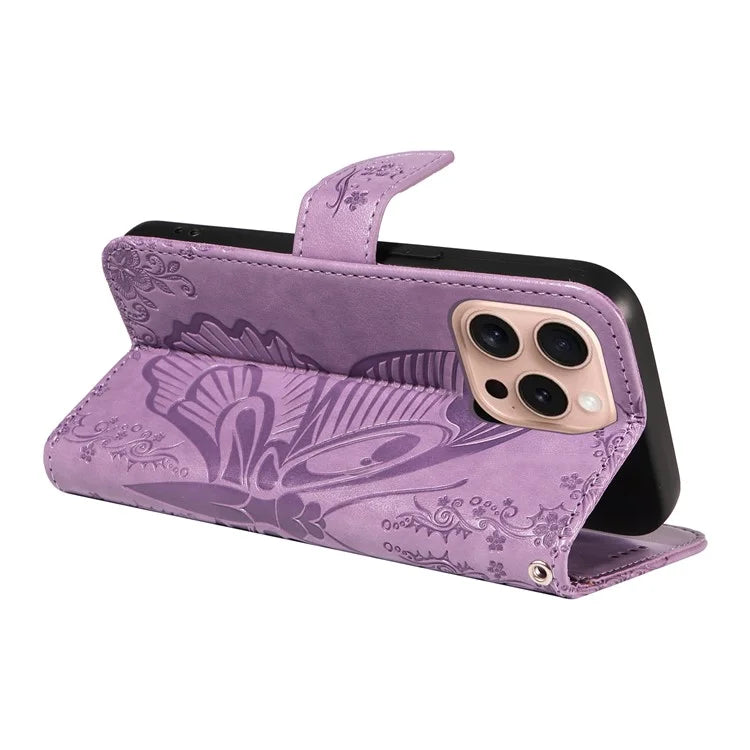 For iPhone 16 Pro Case Butterfly Imprinted Leather Wallet Phone Folio Cover