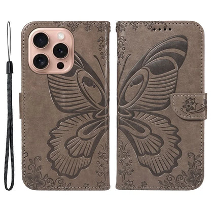 For iPhone 16 Pro Case Butterfly Imprinted Leather Wallet Phone Folio Cover
