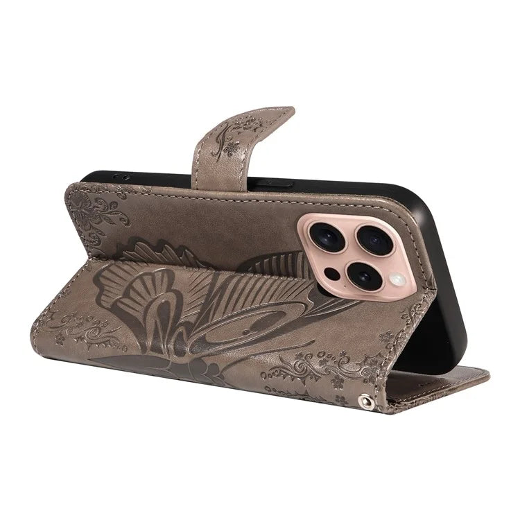 For iPhone 16 Pro Case Butterfly Imprinted Leather Wallet Phone Folio Cover