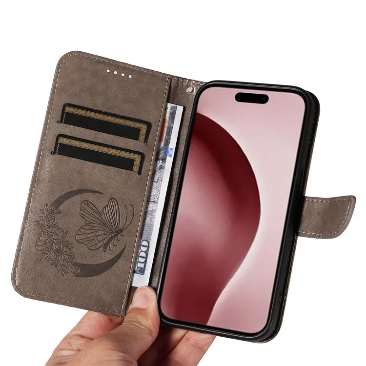 For iPhone 16 Pro Case Butterfly Imprinted Leather Wallet Phone Folio Cover
